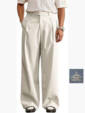 Men's Pleated Baggy High Waisted Wide Leg Dress Pants with Pockets